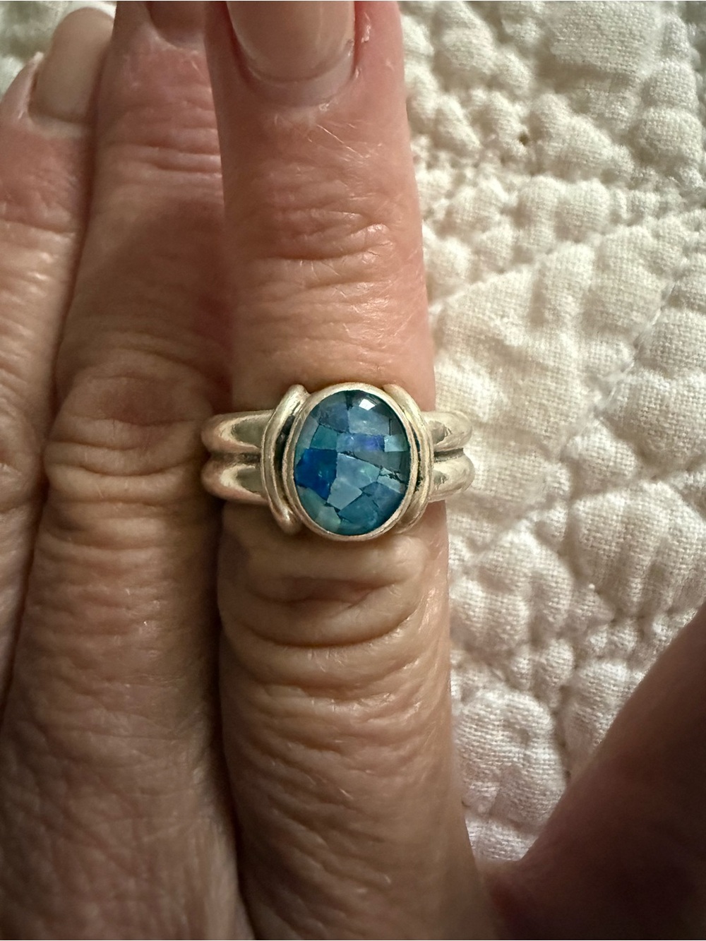 Sterling Silver Blue Mosaic Inlay Oval Ring - Women's Jewelry size 6